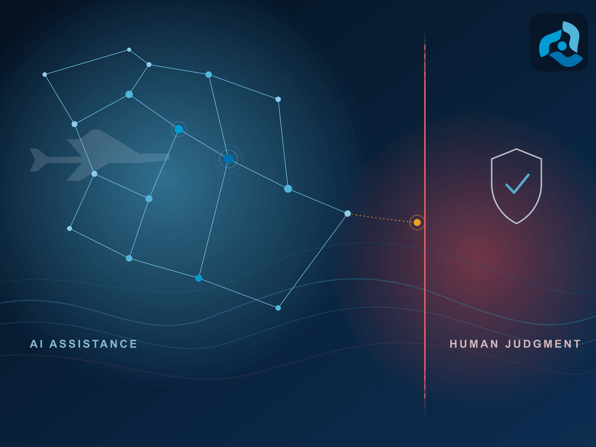 Where AI helps in flight data monitoring, and where human judgment takes over A network of AI-connected data nodes stopping at a red line before a human oversight shield icon
