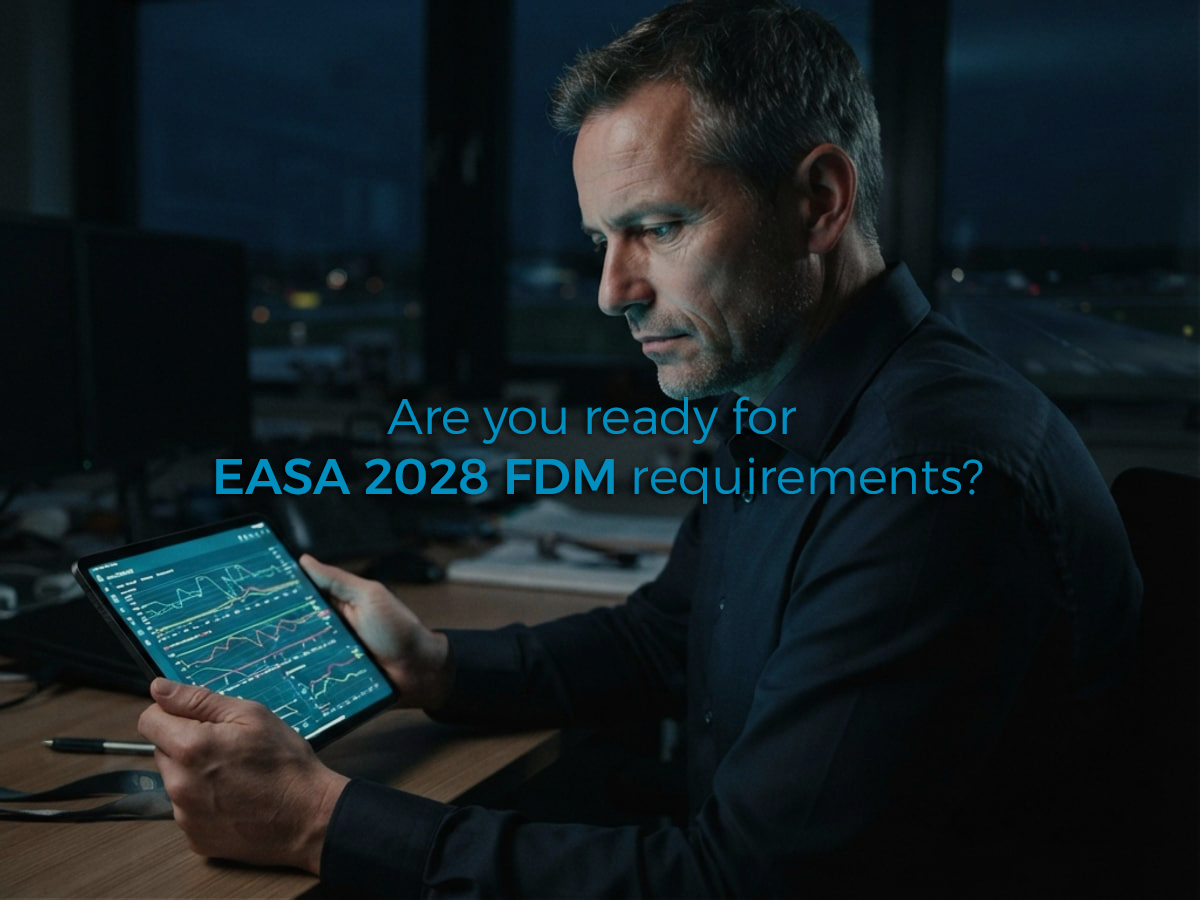 Reviewing flight data monitoring trends ahead of the 2028 EASA thresholds A safety manager reviewing flight data monitoring trends on a tablet at night, with an airfield visible through the office window